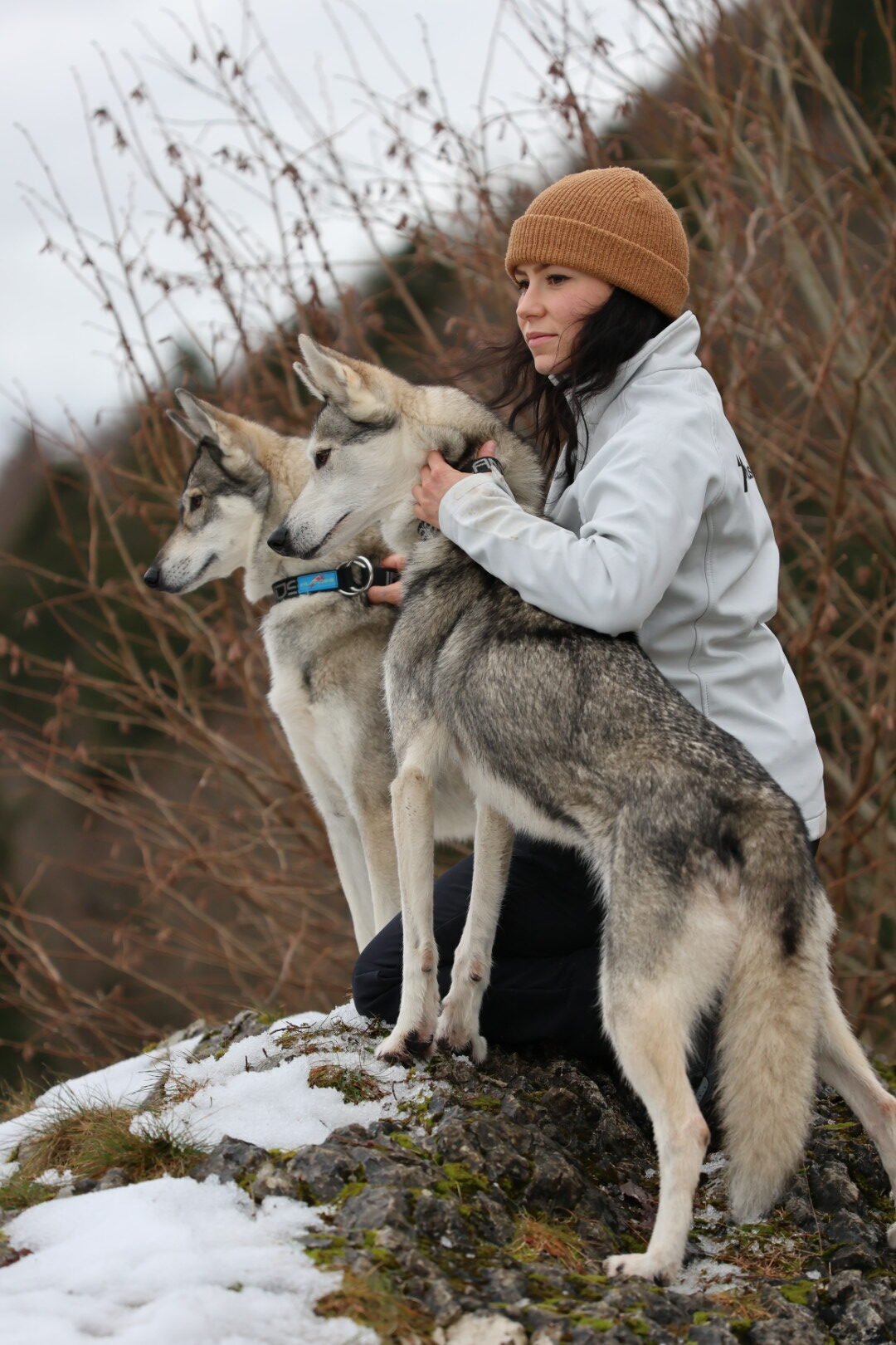 Femme avec deux huskies en extérieur hivernal, paysage naturel.