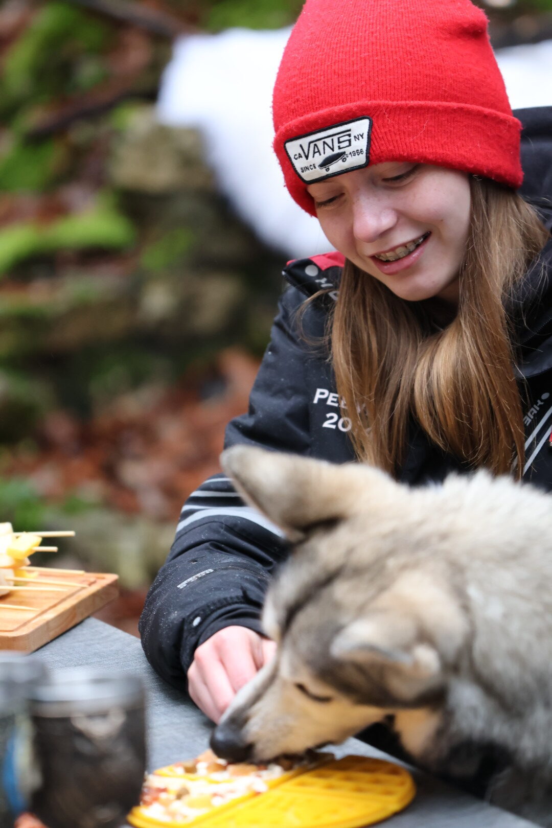 Jeune fille avec husky en extérieur, partageant un moment de complicité.